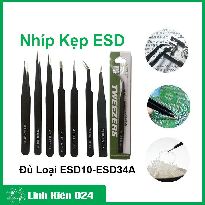 Nhíp kẹp linh kiện điện tử Vetus ESD chân thẳng chân cong, đầu tù gắp chính xác đủ kích thước