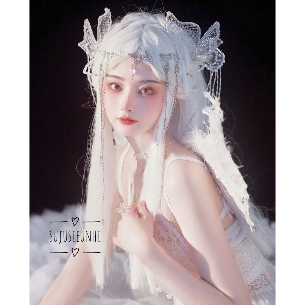 kẹp tóc hanmade hình cánh thiên thần bướm vải lưới đính đá dây tua rua chụp ảnh, dành cho cô dâu