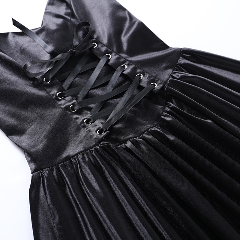 Đầm Chữ A Màu Đen Cột Dây Phong Cách Gothic Thời Trang Quyến Rũ Cho Nữ