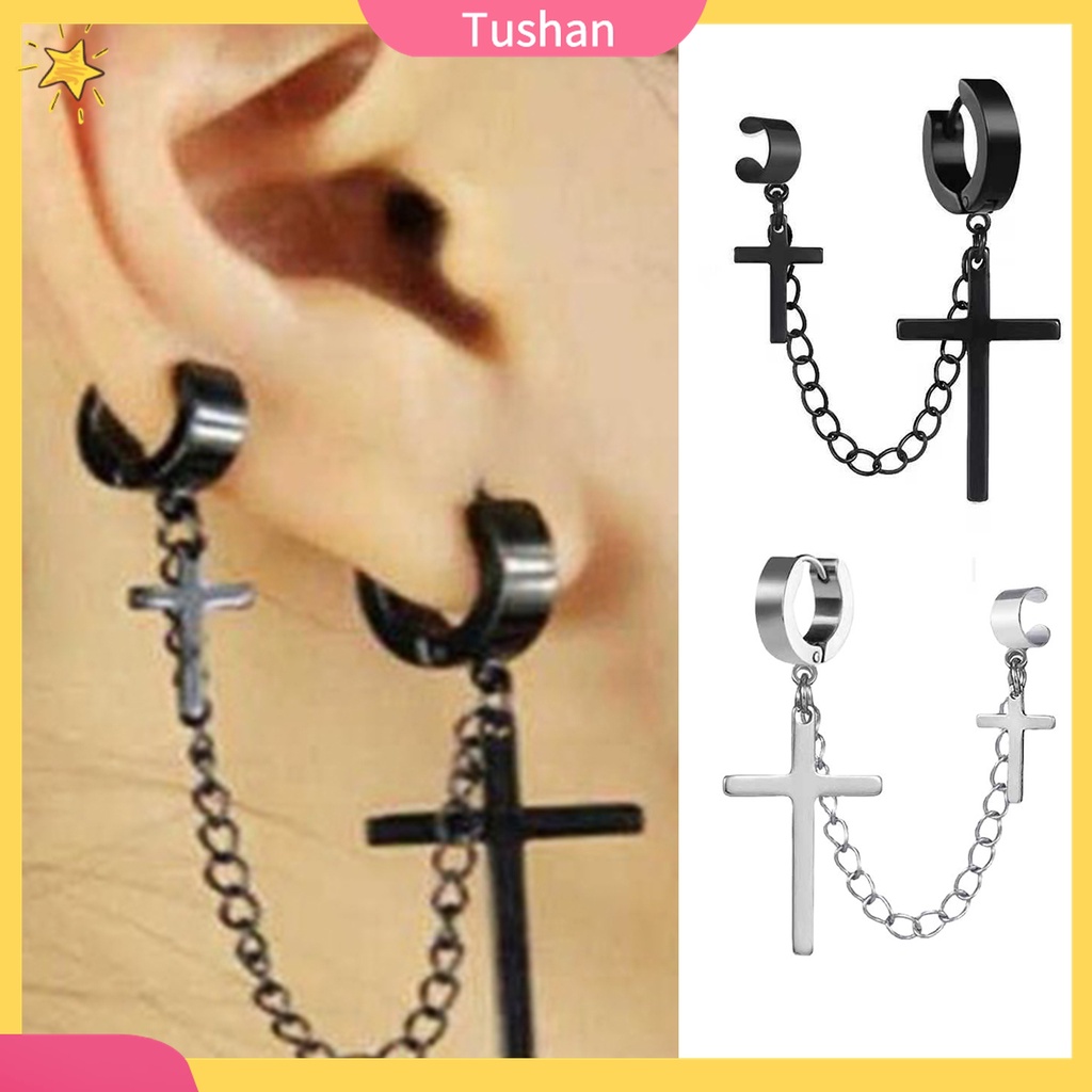 1 Khuyên Tai Kim Loại Dạng Mắc Xích Phối Mặt Thánh Giá Phong Cách Hip Hop Cho Nam