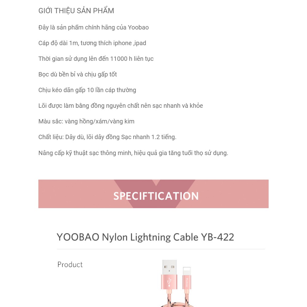 ✪CHÍNH HÃNG✪ Cáp lightning Yoobao YB-422 Bọc dù - Dài 1.5M