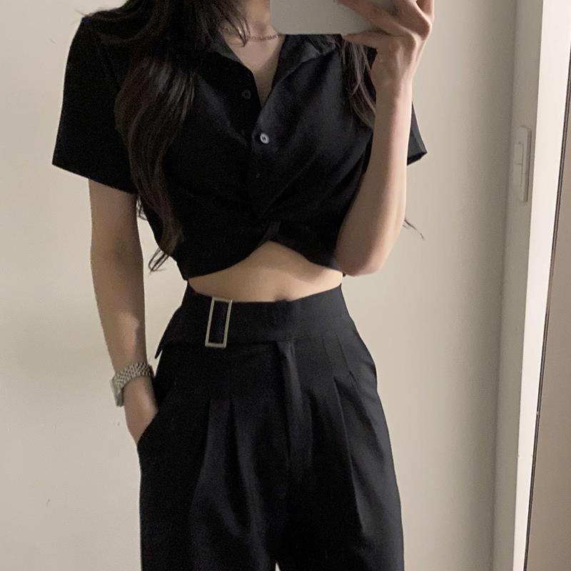 WEEKEEP American vintage kink polo collar shirt with all kinds of buttons short style high waist slim T-shirt ins