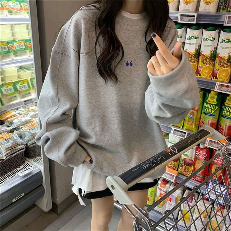 LEEVA - Áo sweater trơn nữ phối kí tự vải nỉ bông mềm A182