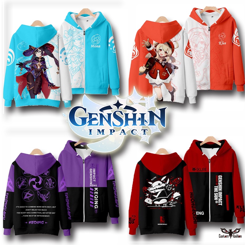 Áo Khoác Hoodie Khóa Kéo In Hình Klee Diluc Paimon Keqing Zhongli 3D Dành Cho Nam