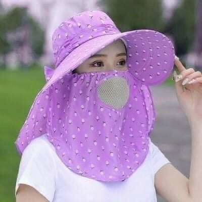 Nón chống nắng vành rộng mát có khẩu trang 2 lớp bảo vệ sức khỏe mũ che nắng kèm dây thắt dễ dàng sử dụng