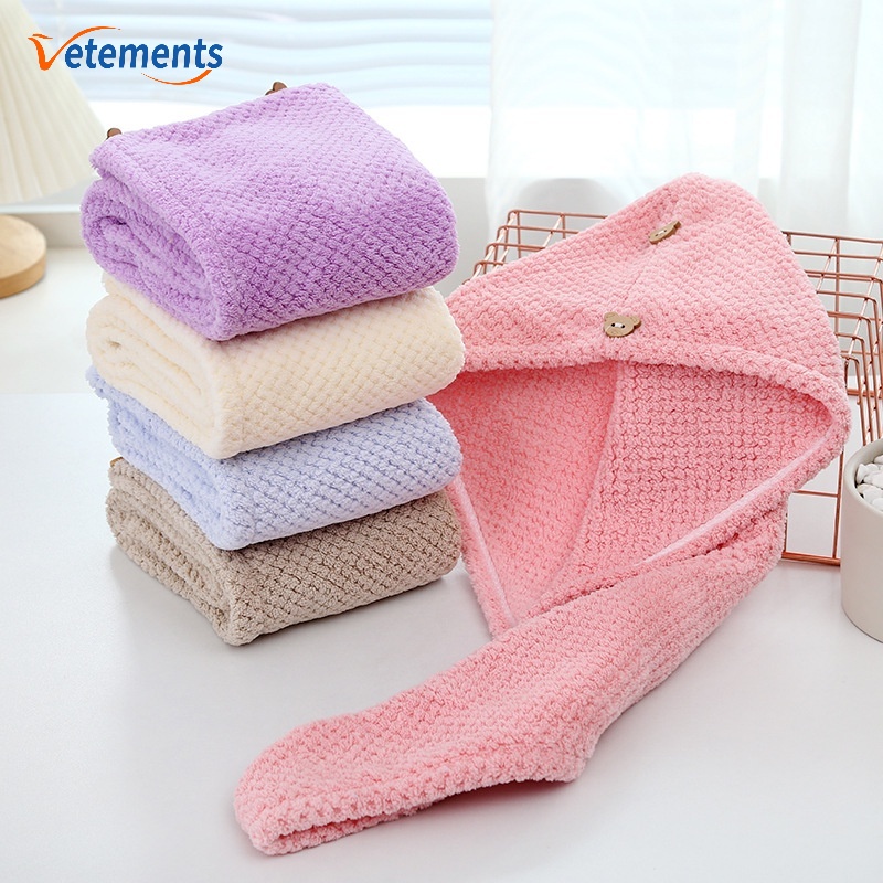 Khăn Trùm Đầu Làm Khô Tóc Siêu Thấm Hút Có Nút Cài Hình Gấu/ Tam Giác Vải Sợi Nhỏ Cho Nữ