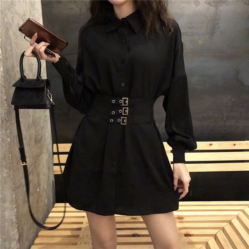 Đầm Công Sở Thanh Lịch Dành Cho Nữ / Size S-2xl👗👗Đầm Sơ Mi Tay Dài Dáng Rộng Màu Đen Cài Khóa Kim Loại Kiểu Hoàng Gia Thời Trang Xuân Thu Cho Nữ