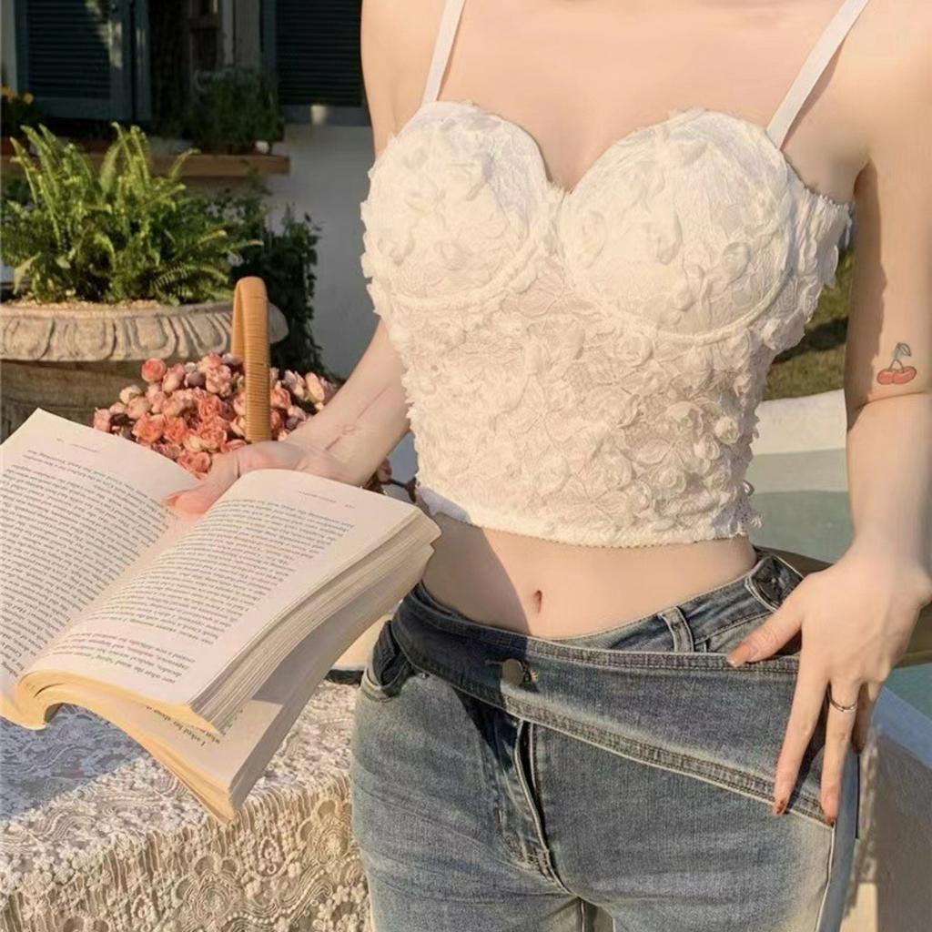 Áo croptop nữ ren - Áo bra ống công chúa thêu hoa hồng lưng chun siêu xinh thật phong cách Kingshop B1905