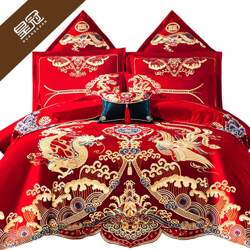 mới năm 2021 giá đặc biệtVương miện bông lớn màu đỏ thêu đám cưới Bộ bốn mảnh trải phòng Khăn giường cô dâu