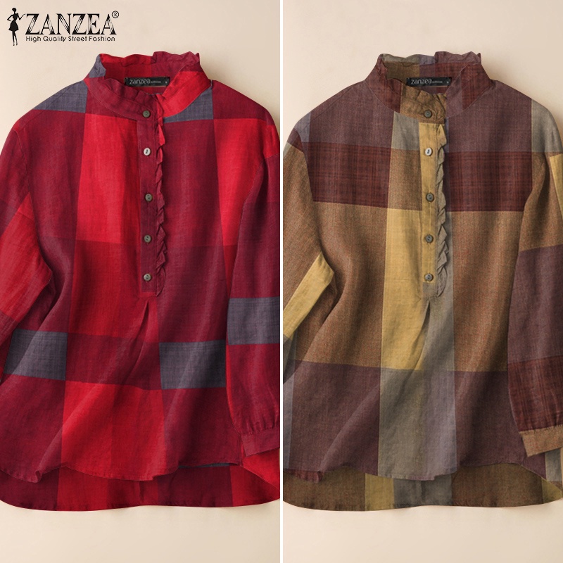 Áo kiểu Zanzea tay dài cổ tròn họa tiết kẻ sọc caro phong cách vintage dành cho nữ