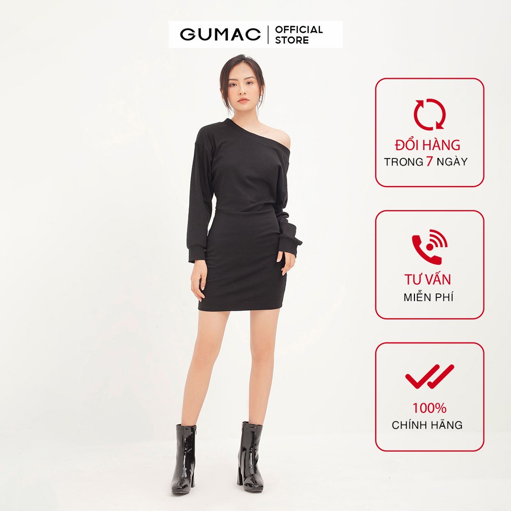 Đầm thun nữ GUMAC tay dài bẹt vai, đủ màu đủ size DA1291
