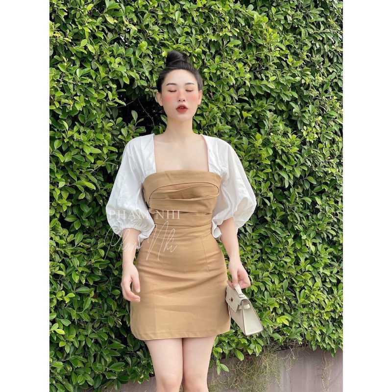 Váy thiết kế xếp li ngực cổ vuông phối tay dơi cách điệu sang chảnh