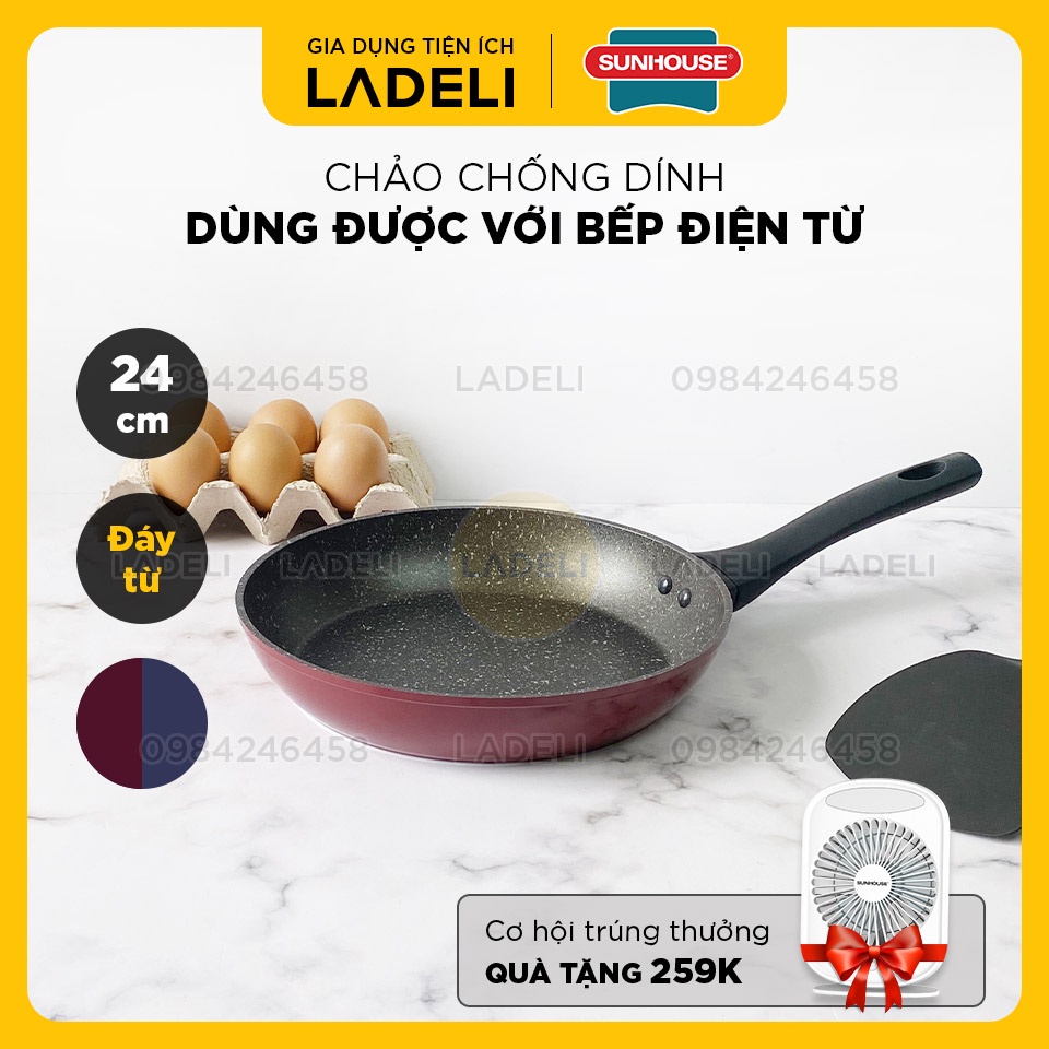 Chảo đá hoa cương chống dính đáy từ SUNHOUSE SFP24B màu xanh/đỏ size 24cm