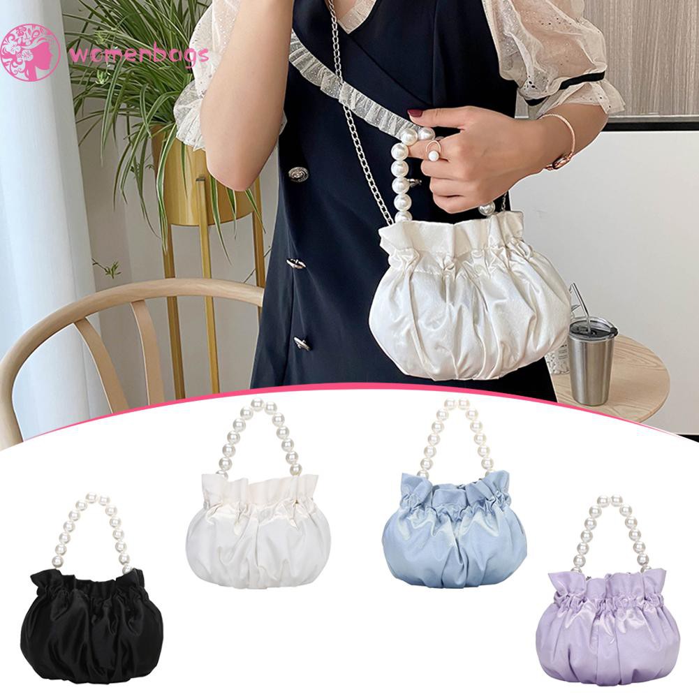 Túi Đeo Chéo Tích Hợp Túi Xách Xếp Ly Tay Cầm Đính Ngọc Trai Nhân Tạo Vải Satin Thanh Lịch Thời Trang Cho Phụ Nữ