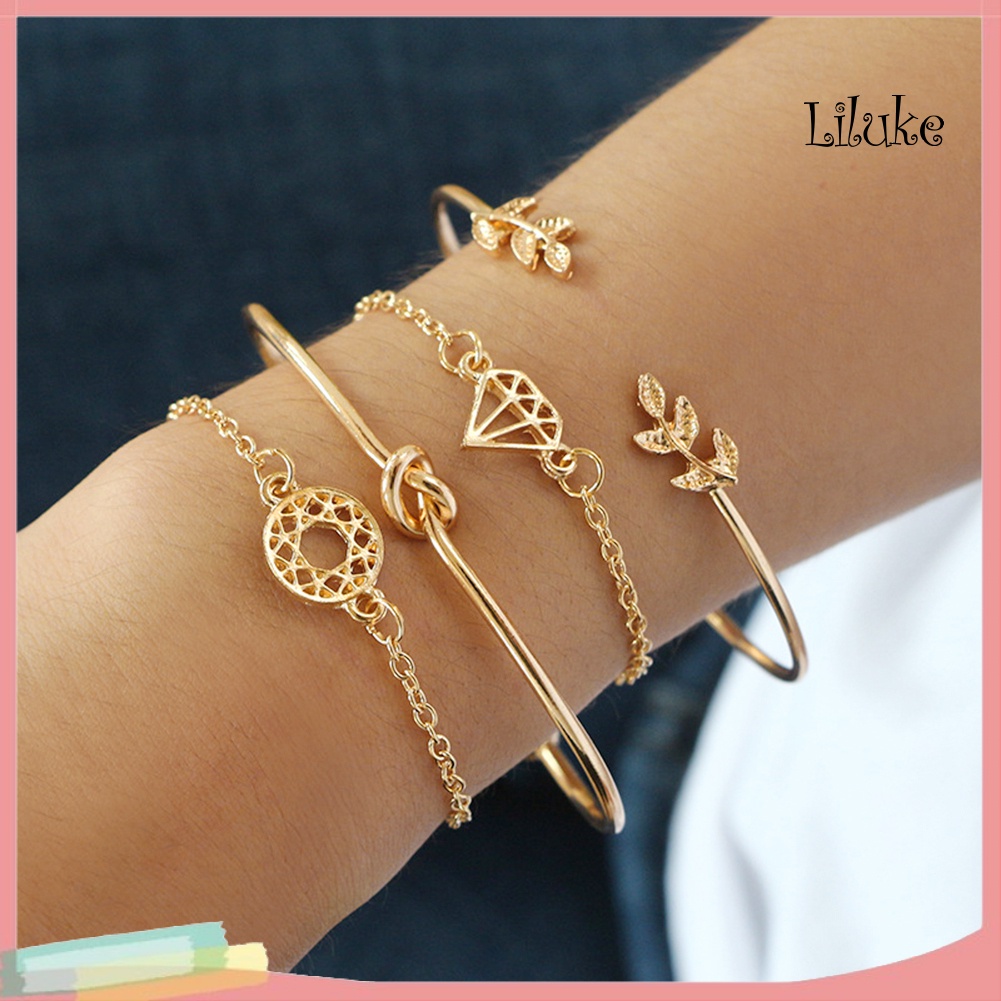 Set 4 Vòng Tay Hợp Kim Hở Kiểu Dáng Retro Thời Trang Cho Nữ