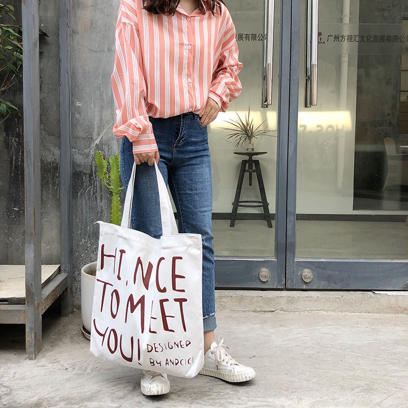 Túi tote vải canvas ulzzang unisex đi học đi làm có khoá miệng, có ngăn phụ in chữ  HI,NICE màu be