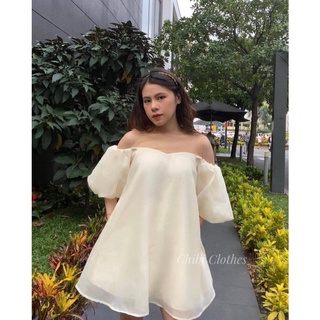 Đầm babydol bẹt vai nude đính đá phối voan tơ cao cấp
