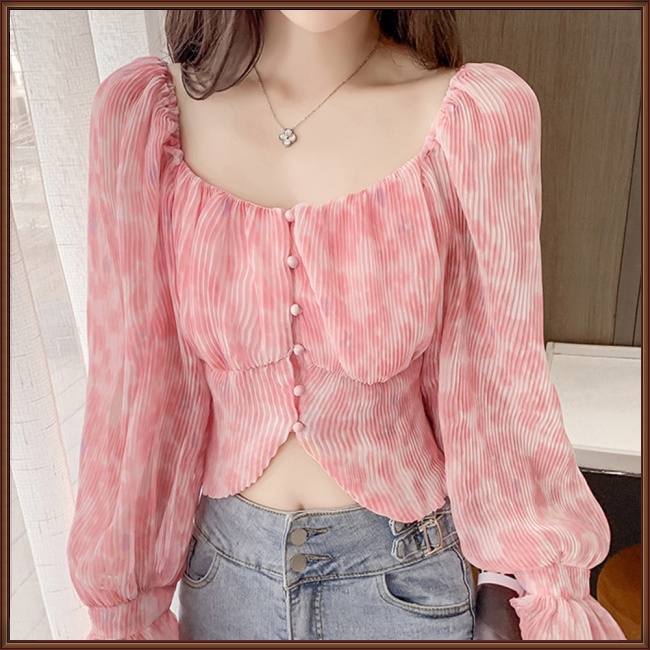Áo Sơ Mi Chiffon Cổ Vuông Tay Loe Xếp Ly In Họa Tiết Phong Cách Pháp Cổ Điển Thời Trang Cho Nữ