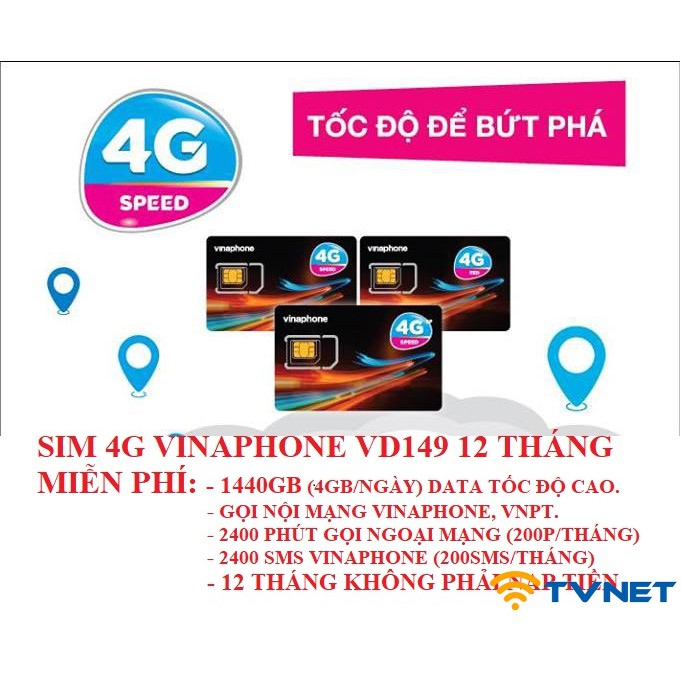 Sim 4G Vinaphone VD149 2200Gb miễn phí 1 năm không phải nạp tiền. Siêu khủng