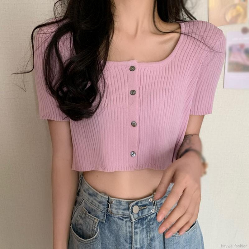 [Baywellfashion]Áo Cardigan Dệt Kim Tay Ngắn Cổ Vuông Phối Nút Hợp Thời Trang Cho Nữ | BigBuy360 - bigbuy360.vn
