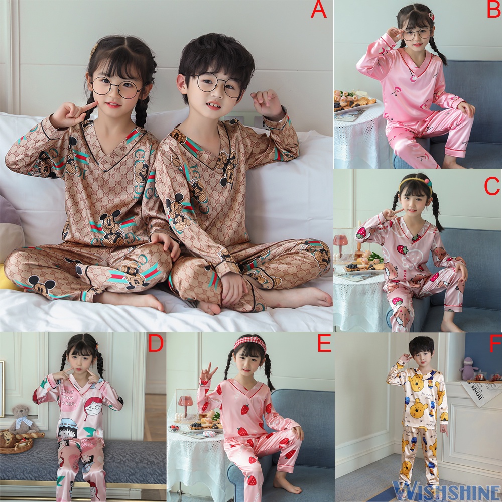 Bộ Đồ Ngủ Vải Lụa Satin Tay Dài Cổ Chữ V Thời Trang Hàn Quốc Cho Bé