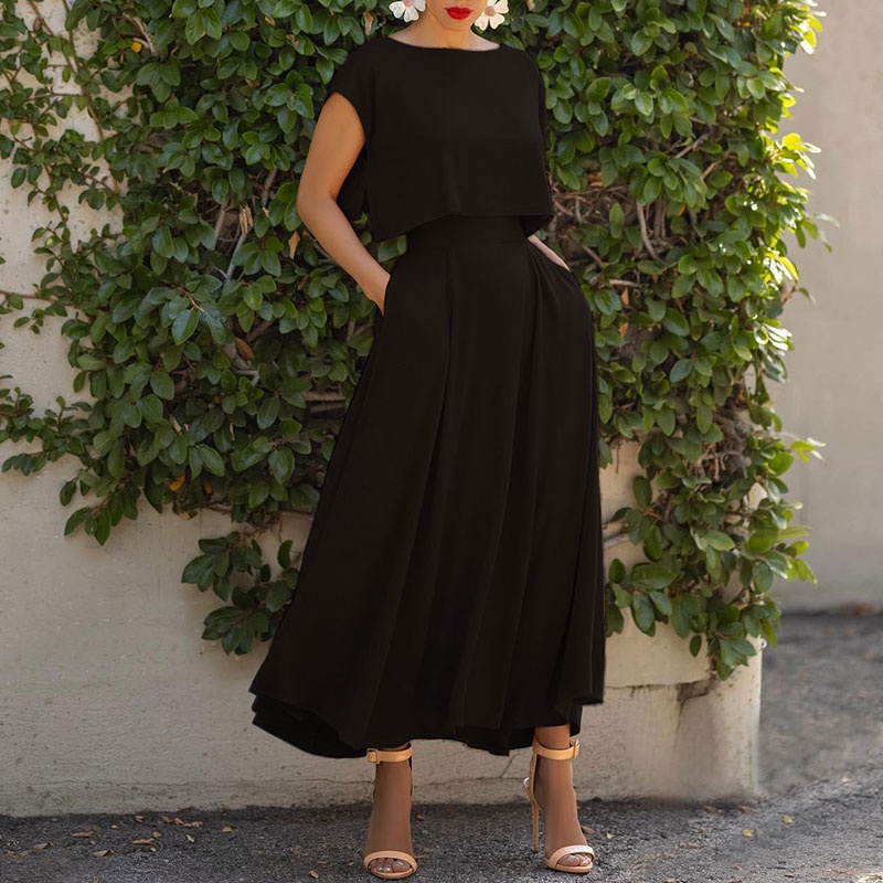 Set 2 món gồm áo tay ngắn màu trơn + chân váy Zanzea dáng chữ A đơn giản phong cách châu âu cho nữ