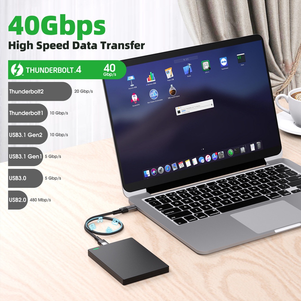 Dây cáp sạc Fonken Type-C Thunderbolt 4 truyền dữ liệu tốc độ cao 40gbps hỗ trợ sạc nhanh PD 100W