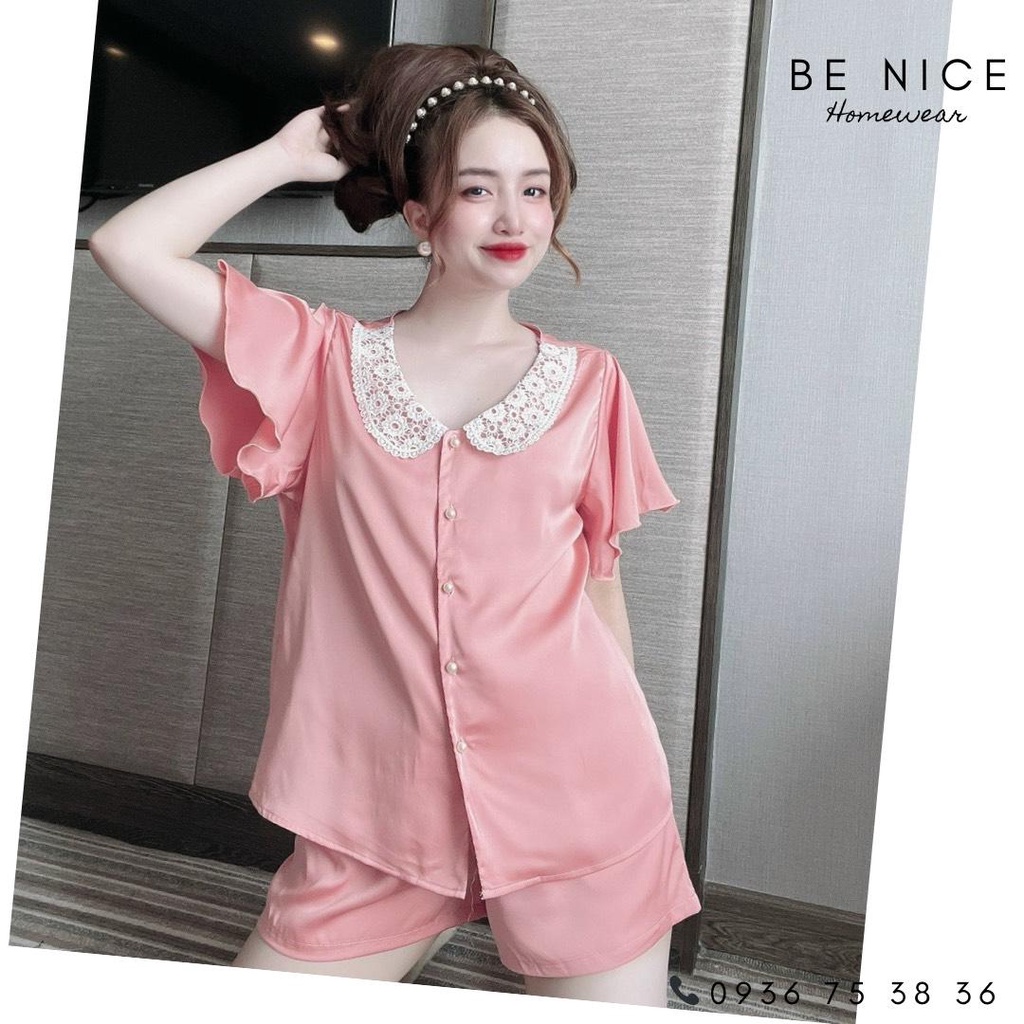 Bộ lụa ngắn mặc nhà cổ sen phối ren xinh xắn cho nàng nhà Be Nice Homewear