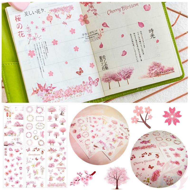 Set 6 Tấm Sticker Dán Trang Trí Sổ Tay Diy Hình Hoa Anh Đào Hoạt Hình