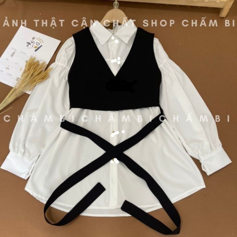 Sét áo khoác vest sát nách cột nơ +áo sơ mi phôm dài