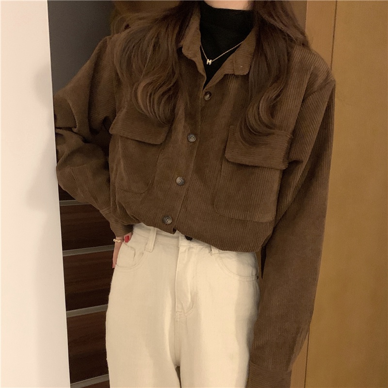 Áo sơ mi nhung kẻ tay dài dáng rộng phong cách retro 47230