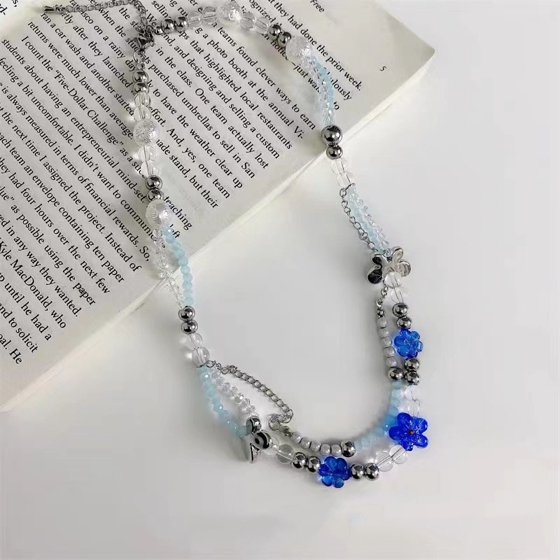 Dây Chuyền Hai Lớp Đính Hạt Pha Lê Xanh Dương Và Cánh Bướm Thời Trang Cho Nam Nữ 19A1586