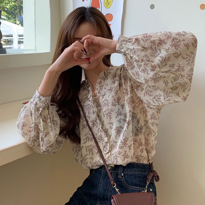 Áo sơ mi kiểu XINLANYASHE chiffon tay dài phồng họa tiết hoa dễ phối đồ phong cách Hàn Quốc Hawaii đáng yêu cho nữ