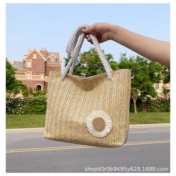Túi Cói Đi Du Lịch Đi Biển Vuông Lớn Đính Hoa Cúc L2180