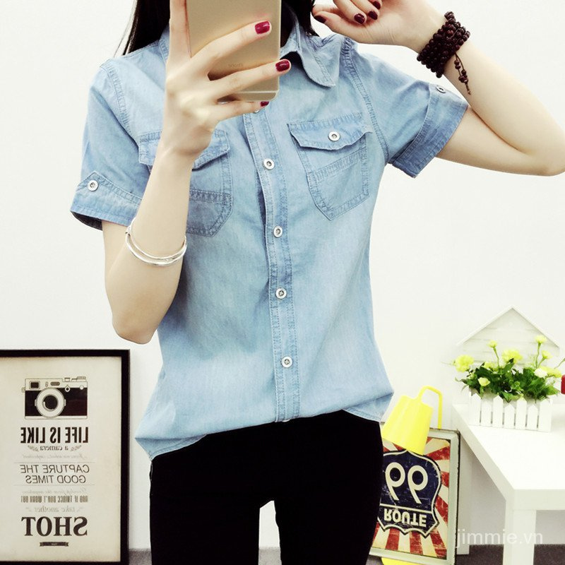 Áo Sơ Mi Denim Nữ Mùa Hè Thường Ngắn Tay Bông Kích Thước Mỏng Hàn Quốc Vân Áo Sơ Mi Denim Đầm Mỏng Gió