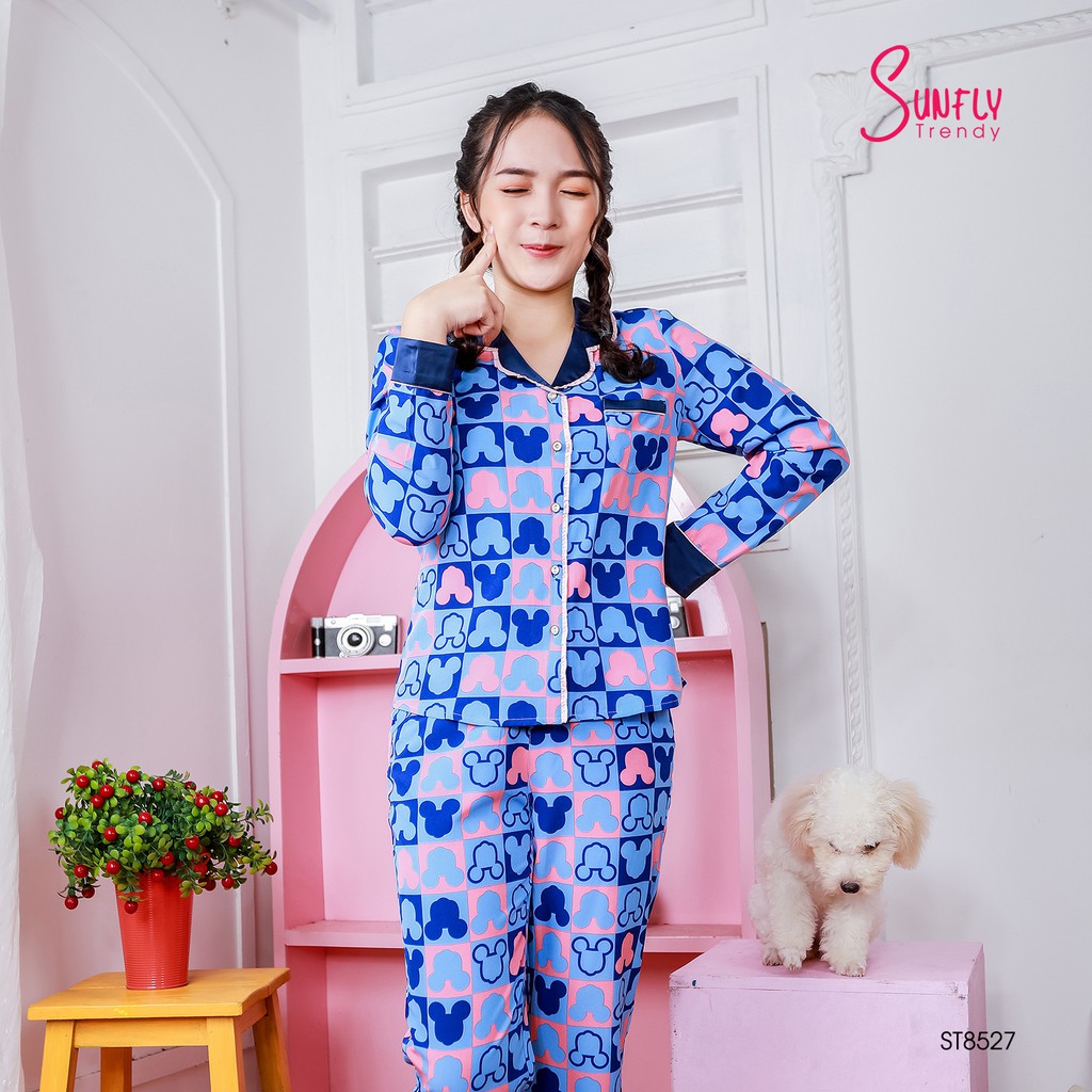 Đồ bộ Pijamas lụa SUNFLY áo dài tay, quần dài ST8527