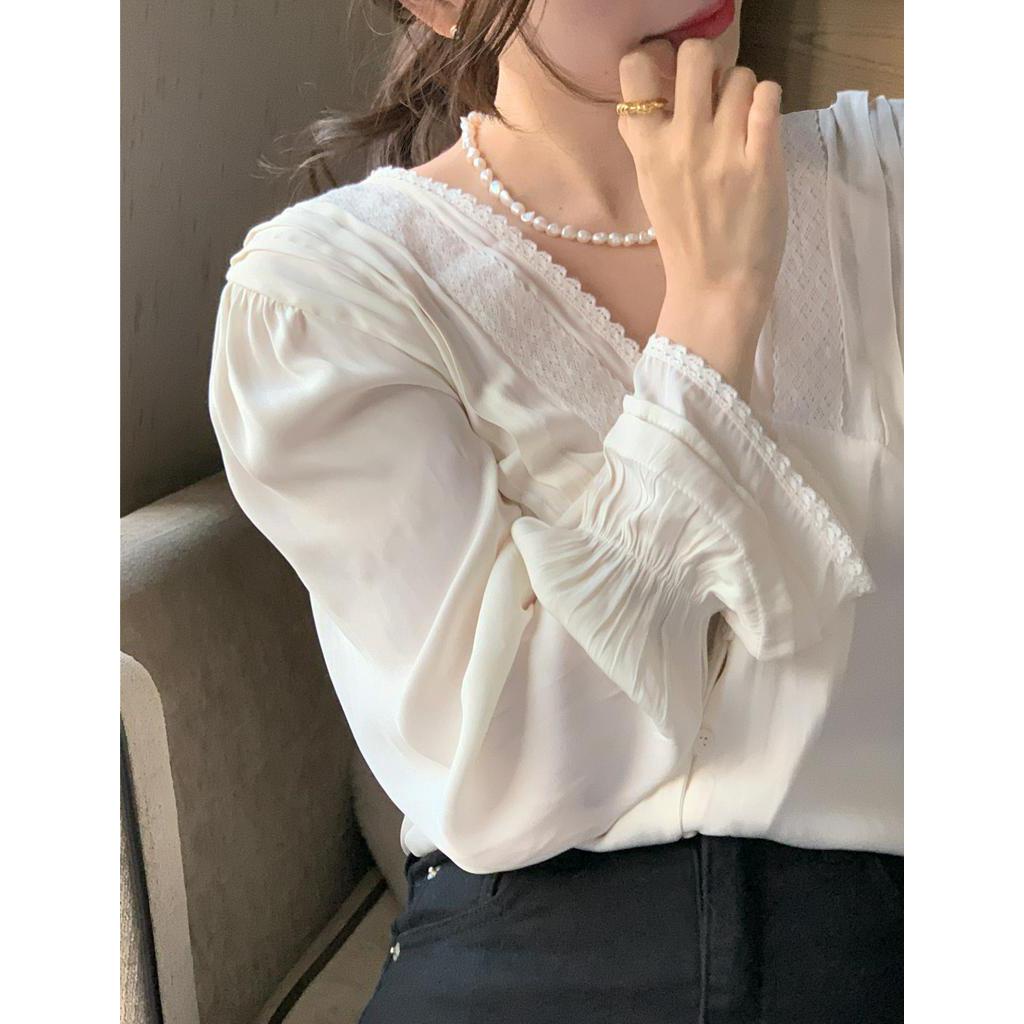 Áo sơ mi tay dài cổ chữ V phối ren thời trang dành cho phái nữ 42456v