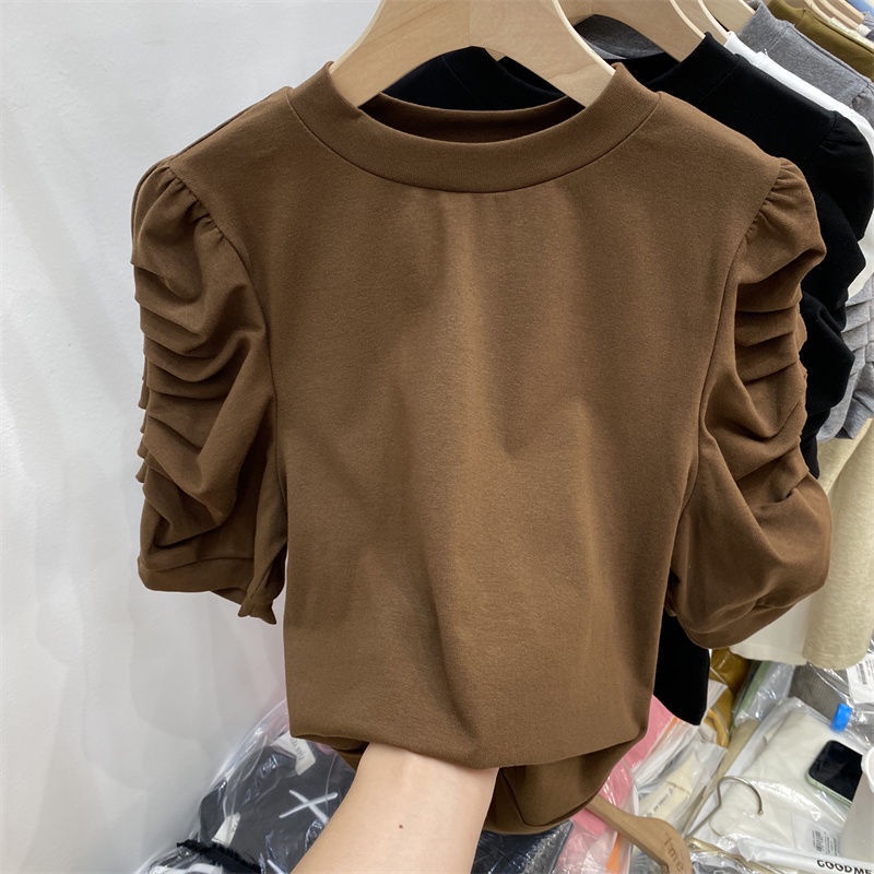Áo thun BH tay phồng cổ tròn phong cách vintage thời trang mùa thu mới cho nữ