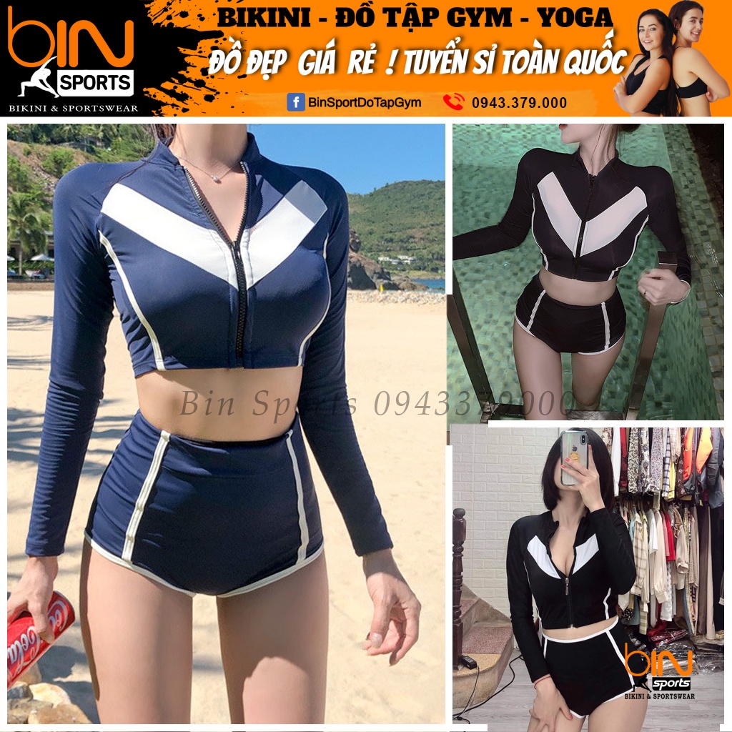 Đồ bơi nữ, bikini 2 mảnh quần cạp cao áo dài tay crop Bin Sports BHV147