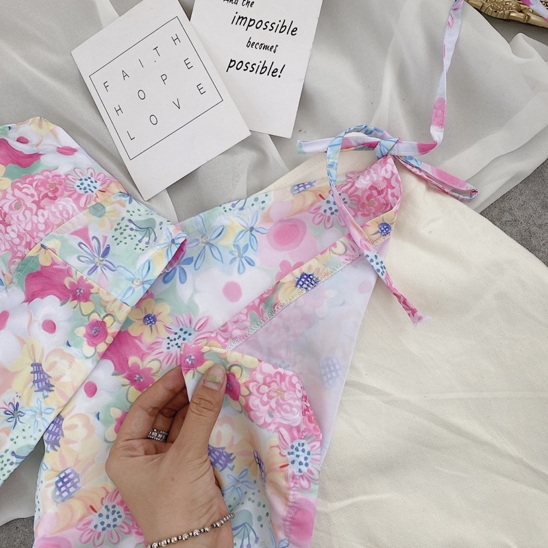 SET 2S CROP HOA + CHÂN VÁY HOA PHỐI NUDE ĐẮP THẮT EO🍁