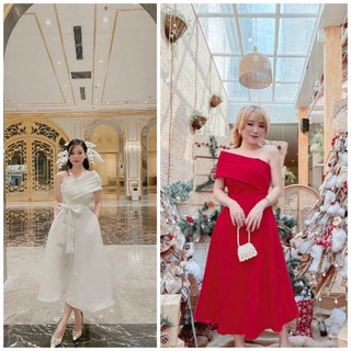 Siêu xinh đầm midi lệch vai chéo ngực thắt nơ eo bao đẹp