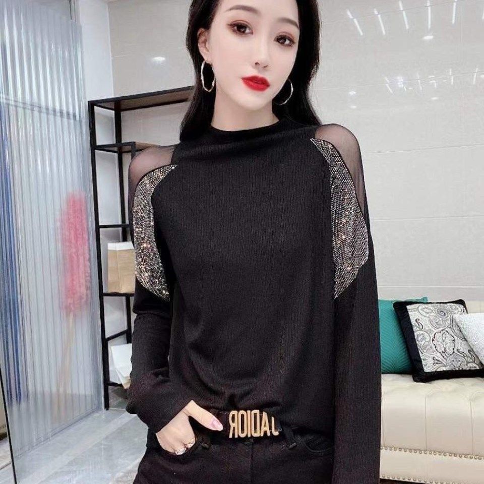 Áo Kiểu Tay Dài Cổ Cao Phối Lưới Đính Đá Thời Trang Cho Nữ