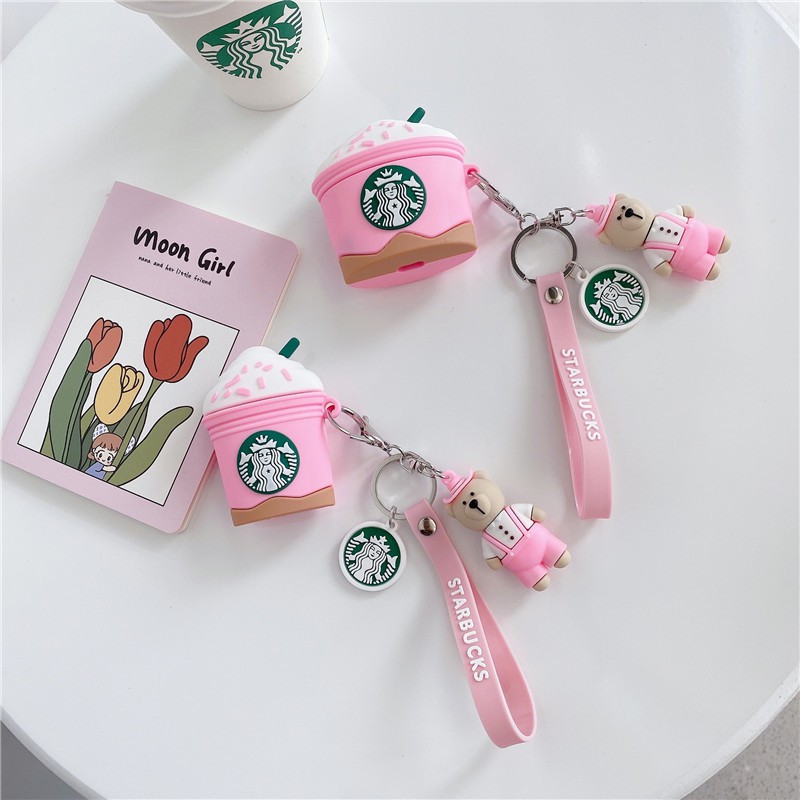 Ốp chống sốc tai Nghe không dây Airpods móc khóa logo gấu Starbucks