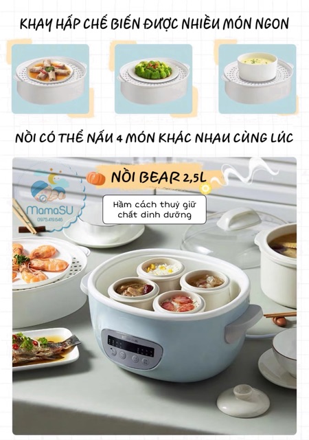 (BẢN QUỐC TẾ) Nồi nấu cháo ninh hầm cách thủy Bear 2,5l kèm 4 thố 0,4l Nấu cháo chưng yến hầm gà dung tích lớn cực tiện