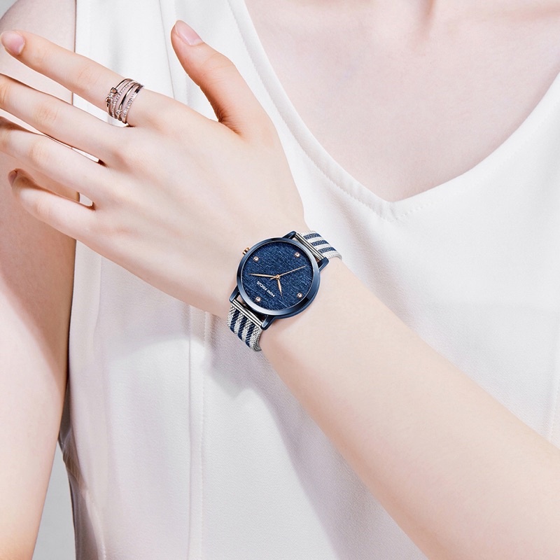 Đồng hồ nữ MINI FOCUS MF0329L.04 dây thép viền thép không gỉ màu xanh 3 kim hàng chính hãng cao cấp Nhật Bản