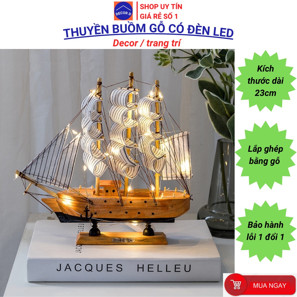 Thuyền buồm gỗ mô hình có đèn Led ánh sáng đặc sắc - Decor, trang trí nhà cửa