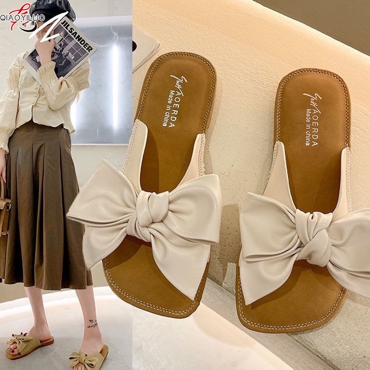 Dép quai ngang QIAOYILUO thắt nơ thời trang Hàn Quốc cho nữ