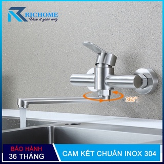 Vòi rửa chén bát nóng lạnh gắn tường  OS633 inox 304 nguyên khối cần xoay 360 độ - Bảo hành 3 năm toàn quốc
