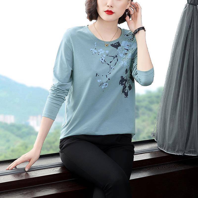 Áo Thun Tay Dài Dáng Rộng In Họa Tiết Thời Trang Cho Phụ Nữ Trung Niên