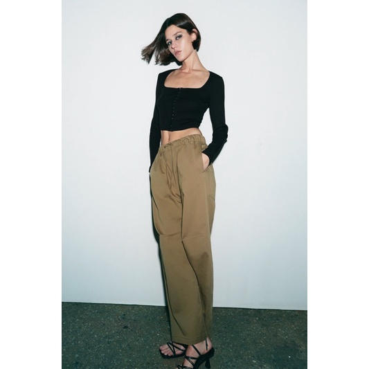 ZARA Đức - Áo chính hãng auth new tag cao cấp có sẵn sale 0085/473 croptop cổ vuông tay dài đen ôm body